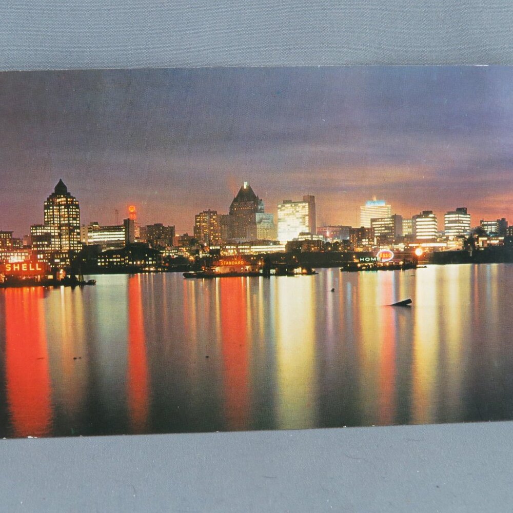 Vintage Postcard - Vancouver Skyline at Night - Natural Color Productions